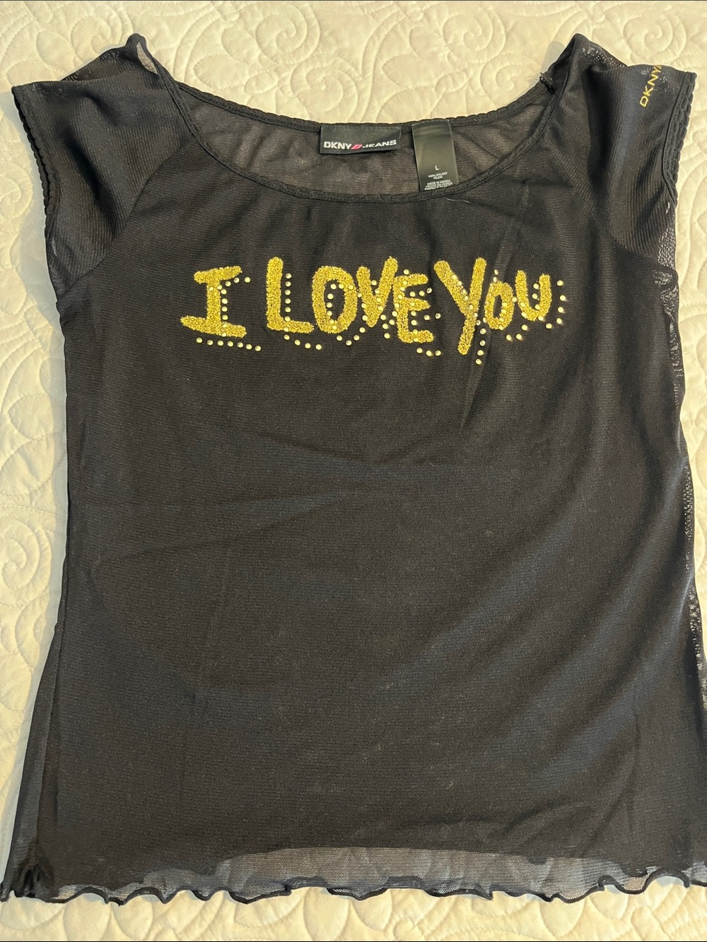DKNY Black Short Sleeve Mesh Tee with Gold 'I LOVE YOU' Rhinestones